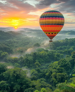 Rainbow striped hot air balloon flying over lush green forest at golden hour with sunset sky