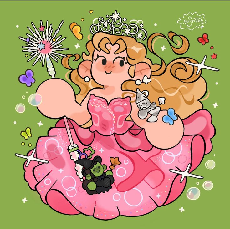 Cartoon Glinda in pink dress with blonde hair, wand and flowers on green background