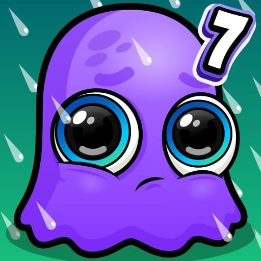 Purple cartoon blob with large watery eyes and number 7 on a green background