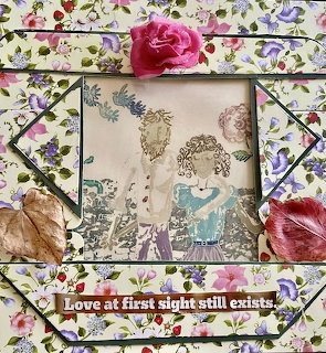 Romantic floral collage with a vintage couple illustration, pink rose, petals, and patterned paper