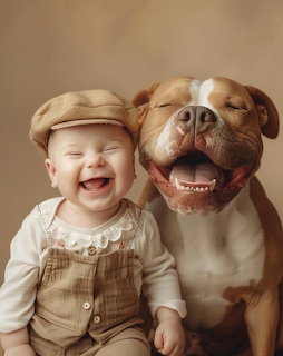 Laughing baby in flat cap and overalls sitting next to a smiling pit bull dog