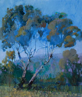 Impressionist painting of eucalyptus trees by a creek in evening light with blue and green tones