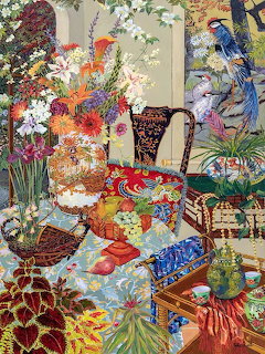 Colorful interior painting with flowers, plants, a chair, patterned table, and a blue bird
