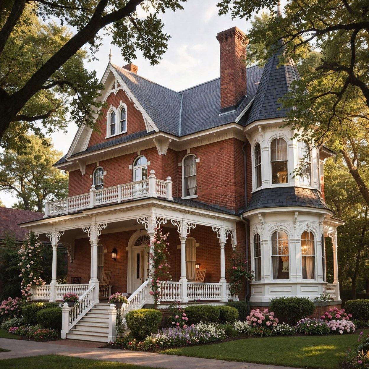Red brick Victorian house with white porch, turret, and ornate details surrounded by trees and garden