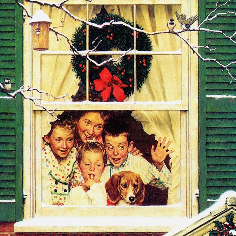 Norman Rockwell illustration showing excited family looking through window at car with dog