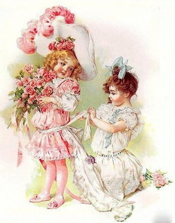 Vintage illustration of two little girls in dresses, one with a large hat and bouquet of flowers