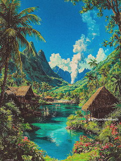 Tropical lagoon with thatched huts, palm trees, mountains, and vibrant flowers under a blue sky