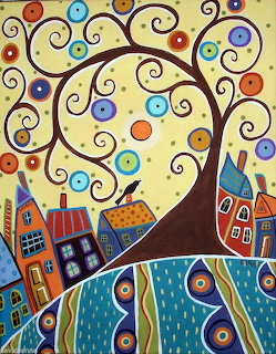 Folk art painting of stylized houses under a swirling tree with colorful circular ornaments and patterned landscape