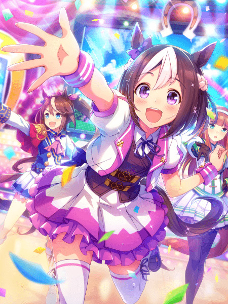 Anime horse girls from Umamusume Pretty Derby in colorful idol outfits performing on a bright stage