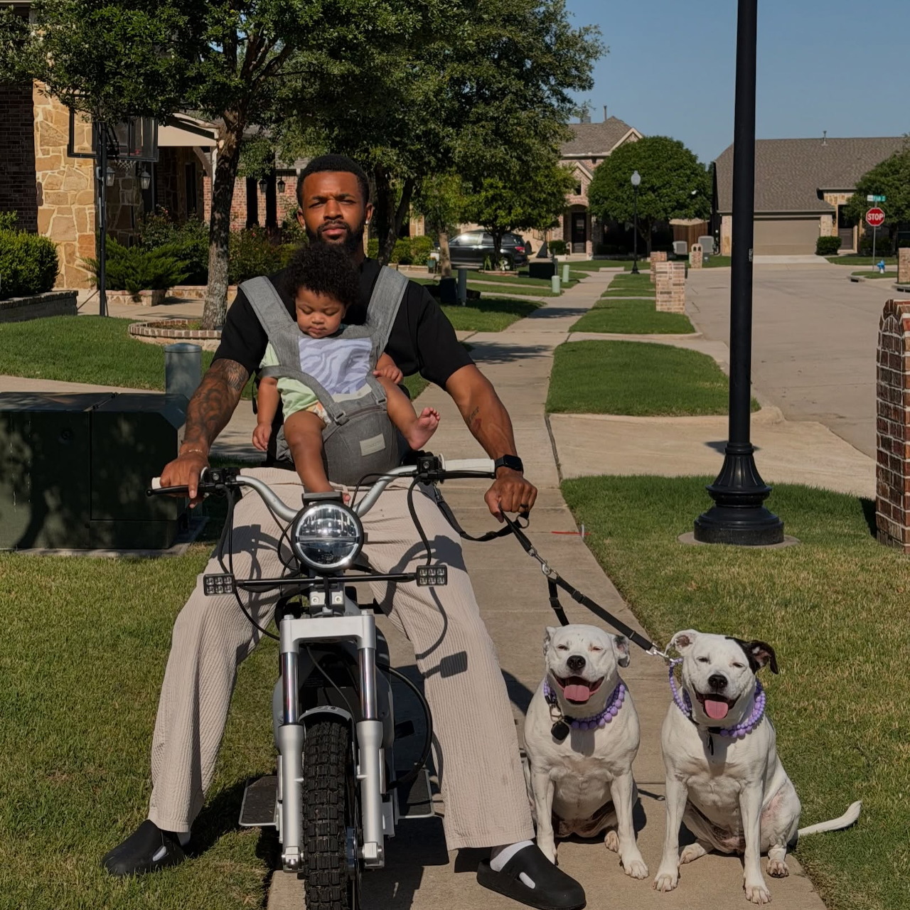 Man on motorcycle with toddler and two white dogs in residential street