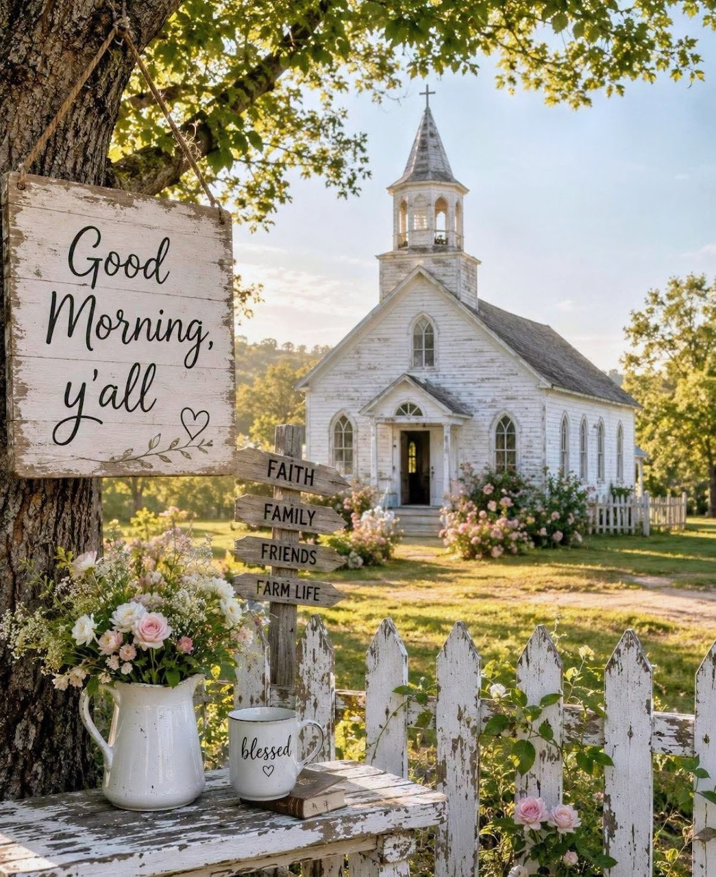 White country church behind a picket fence with a rustic Good Morning y'all sign and flowers