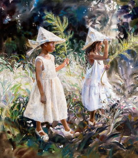 Watercolor painting of two girls in white dresses with paper hats playing in a garden