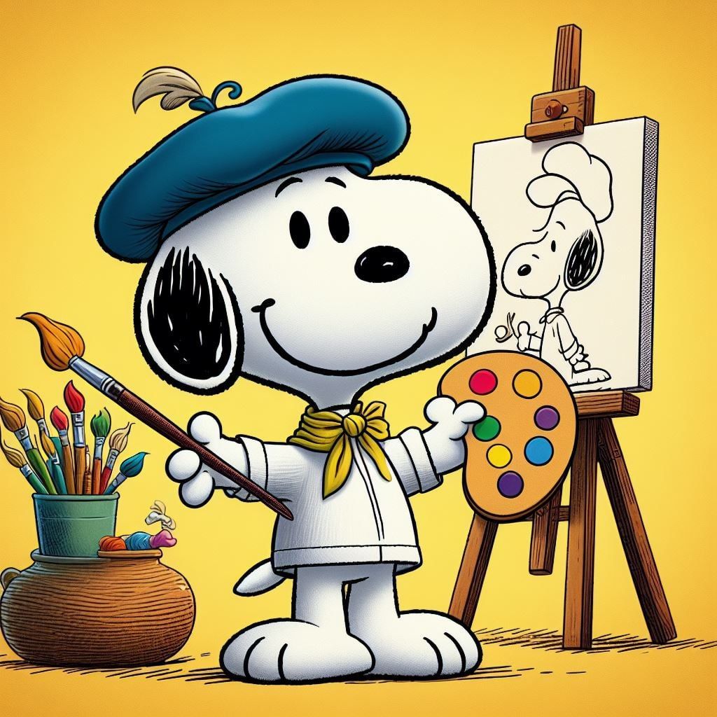 Snoopy wearing blue beret and white smock, holding paintbrush and palette next to easel with art supplies