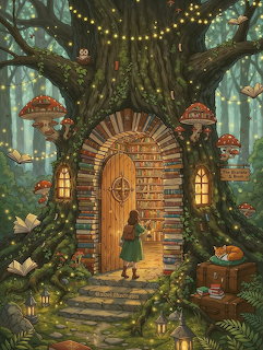 Whimsical treehouse library entrance with arched wooden door, hanging lanterns, and warm glowing lights in a magical forest