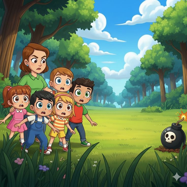 Cartoon kids in a forest looking at a lit bomb with a skull symbol
