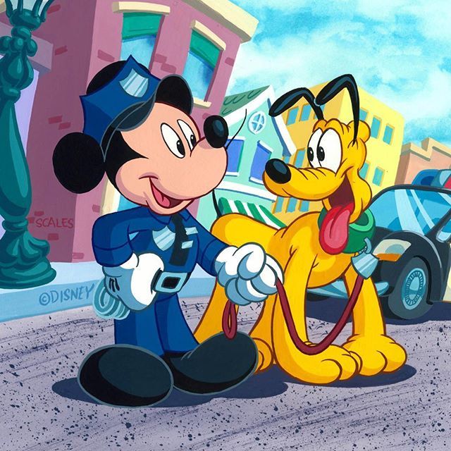 Mickey Mouse standing with Pluto on a bright cartoon street
