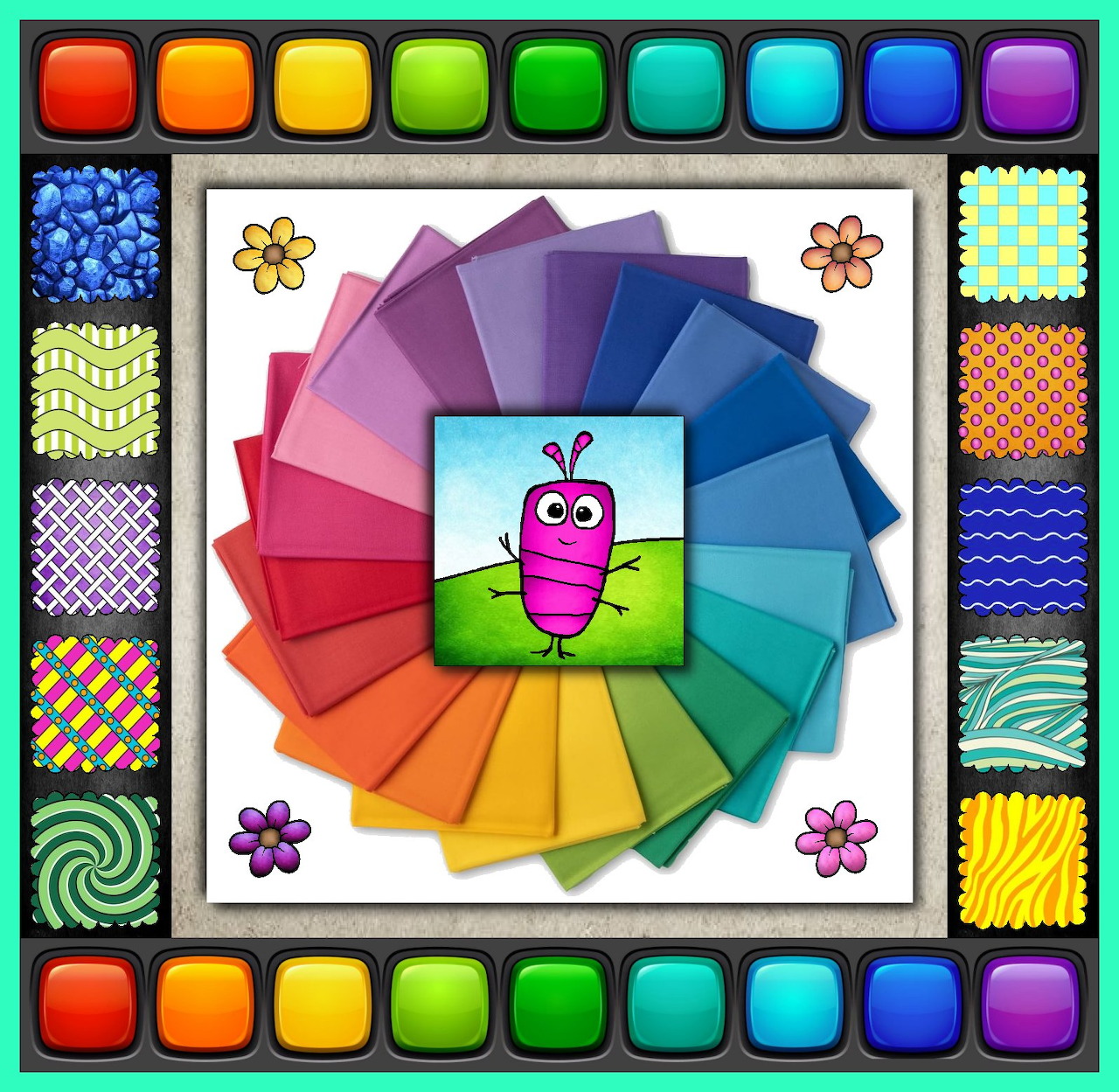 Circular fabric color wheel with rainbow gradient, textured border samples, and cartoon butterfly center