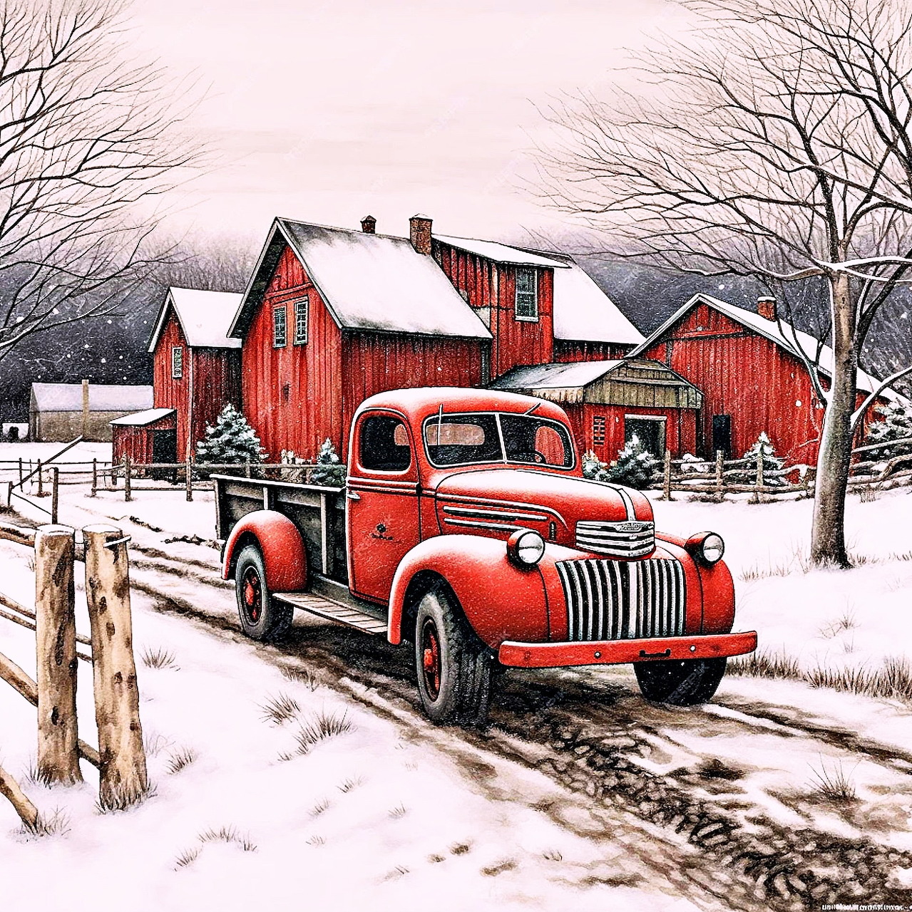Red vintage pickup truck parked on snowy country road beside red barns in winter farm landscape