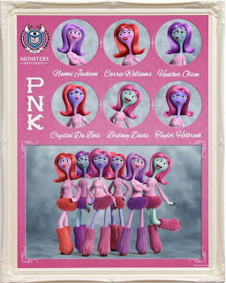 PNK sority character lineup from Monsters University with six pink and purple female monsters