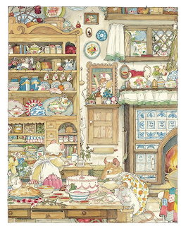 Illustration of mice in a cozy kitchen with cakes, dishes, shelves, and a fireplace