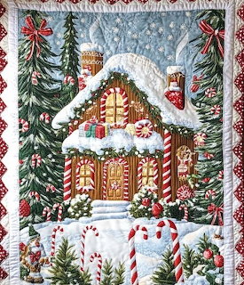 Quilt-style image of a snowy gingerbread house with candy canes, gifts, and Christmas trees