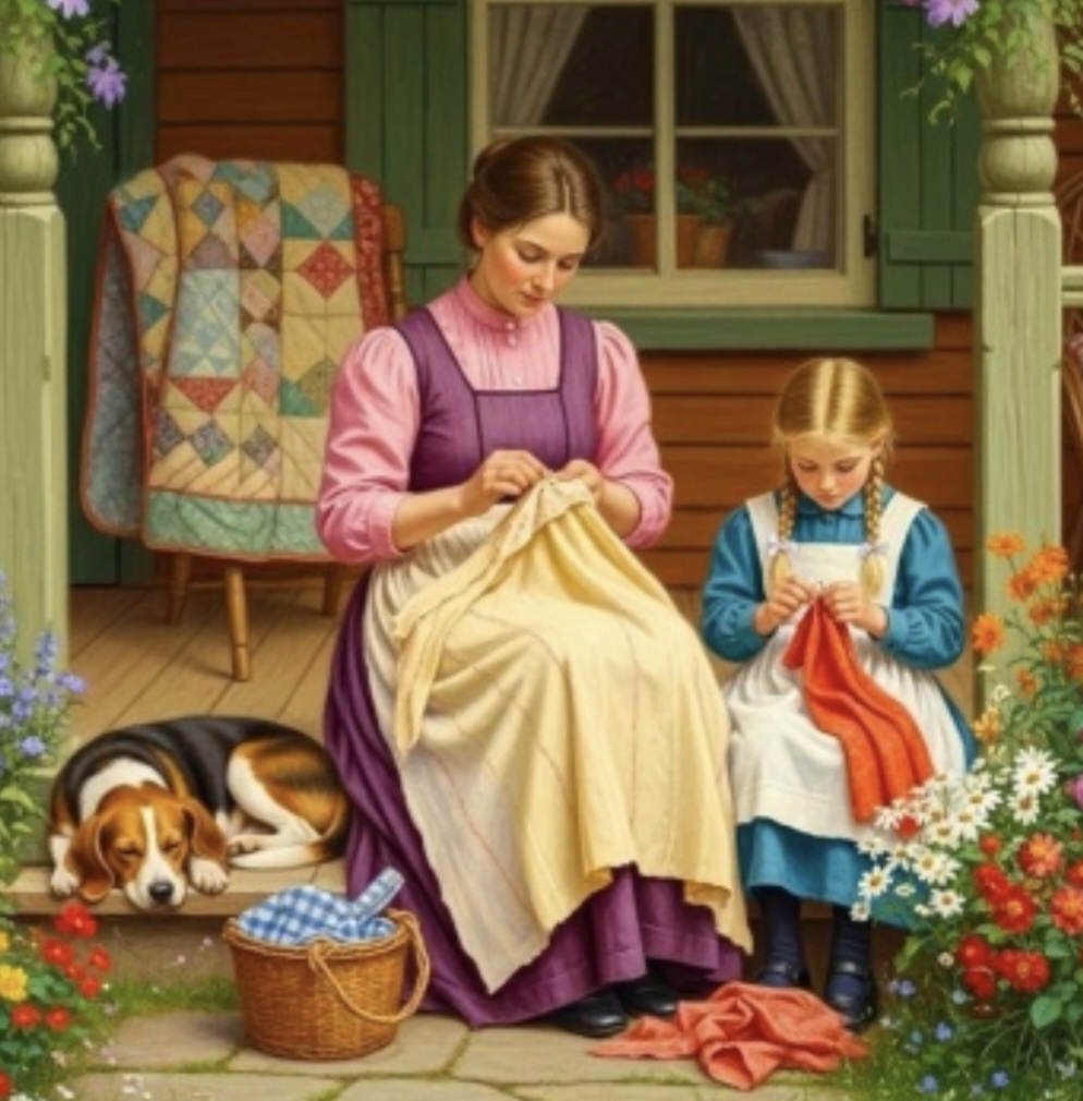 Mother Daughter Sewing on Porch