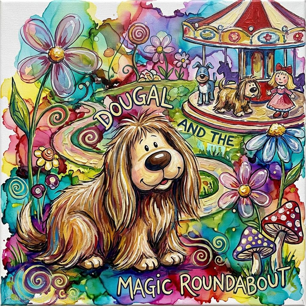 Dougal dog character with long fur amid colorful flowers, swirls, mushrooms and carousel in psychedelic illustration