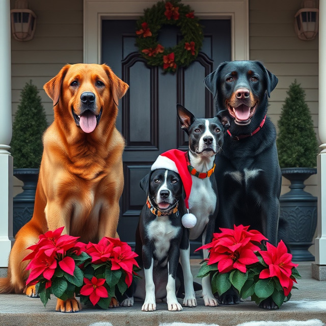 Four dogs wearing Christmas accessories pose on decorated porch with red poinsettias and holiday wreath