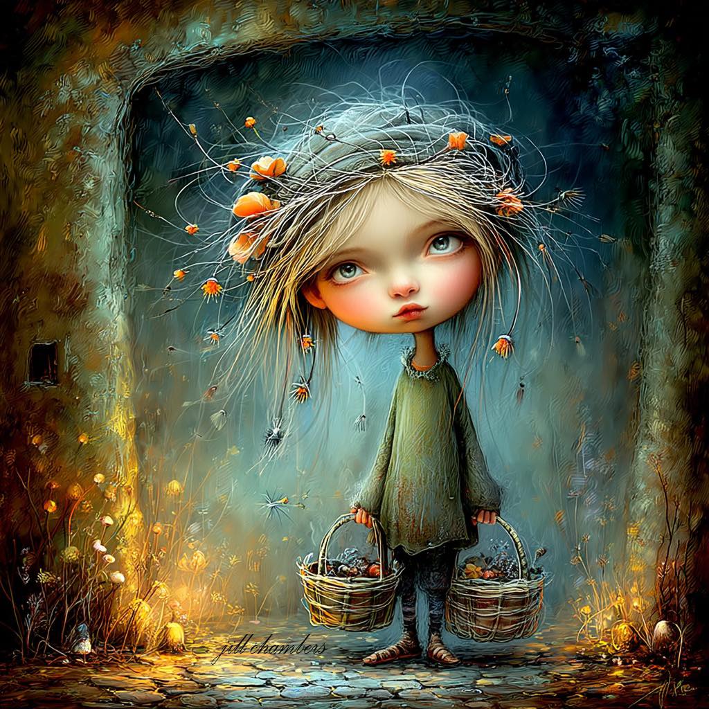 Fantasy art of a doll-like girl with oversized eyes in a green dress, floral crown, standing in an enchanted forest