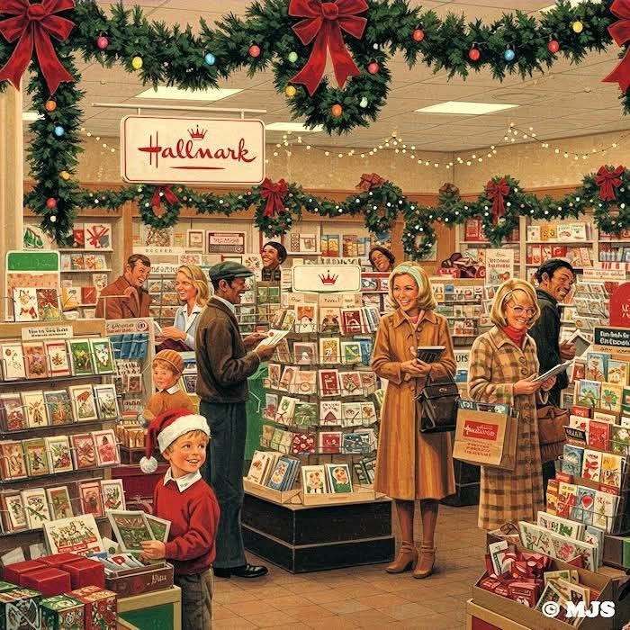 Customers browsing greeting cards in a vintage Hallmark store decorated with Christmas garland and red bows