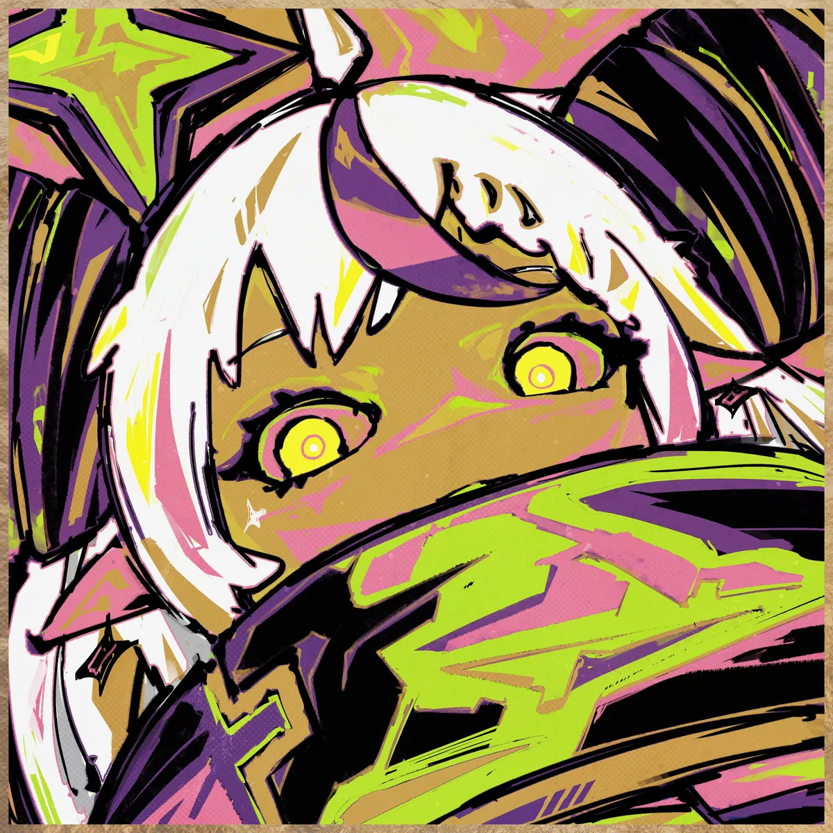 Close-up anime illustration of character with white hair, yellow eyes, and purple-green colors