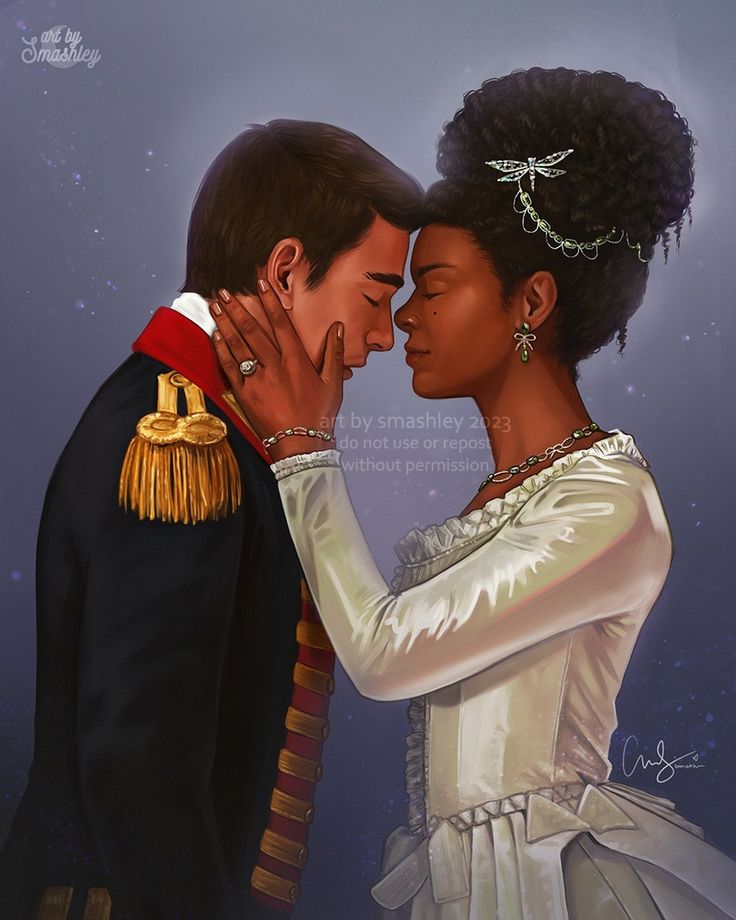 Digital painting of a man in military uniform and woman in white gown touching foreheads romantically