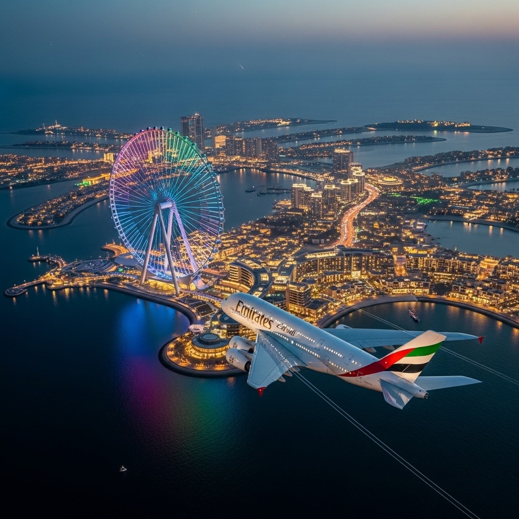 Aerial view of Ain Dubai at dusk with city lights and an airplane in the foreground