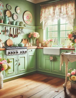 Vintage green kitchen with farmhouse sink, floral curtains, decorative plates, and pink flower arrangements