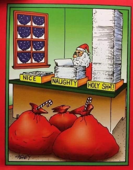 Cartoon Christmas elf standing by naughty and nice list with giant red ornament balls in front