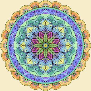 Colorful circular mandala with floral and geometric patterns on a light background