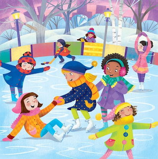 Illustration of children ice skating on a snowy outdoor rink in winter