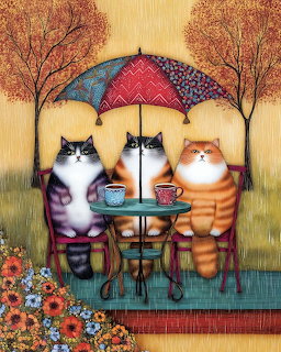 Three illustrated cats sitting at a small table under an umbrella, having tea in an autumn scene with orange trees