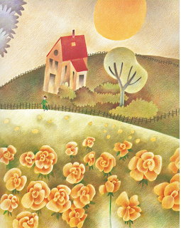 Illustration of a house with a red roof on a hill surrounded by yellow flowers, green hills, and a bright sun