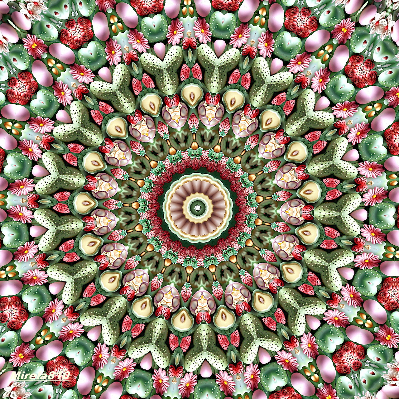 Symmetrical mandala with red, green, and gold ornamental elements radiating from a central decorative circle