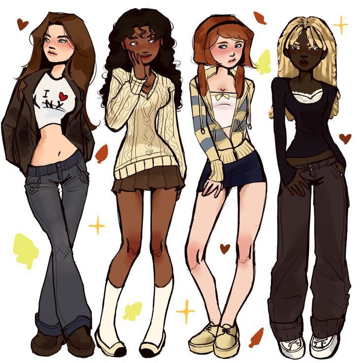 Illustration of four stylish girls standing together in casual outfits