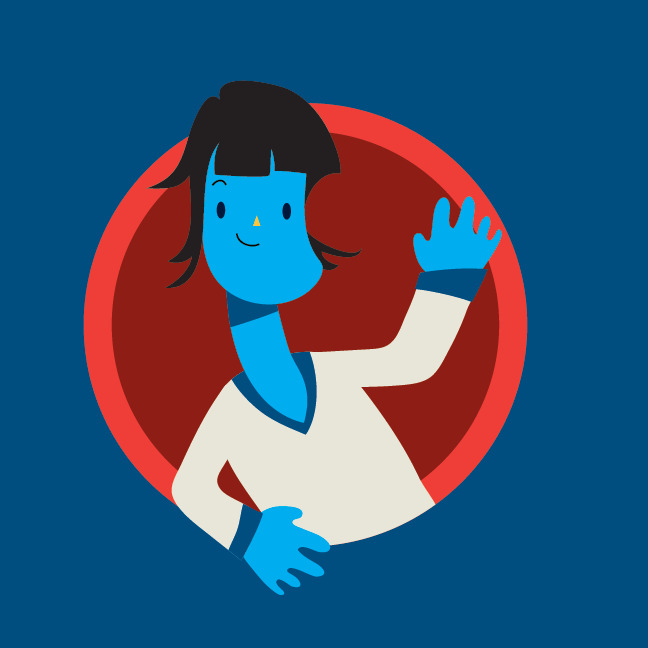 Stylized blue cartoon girl waving inside a red circle on a dark blue background