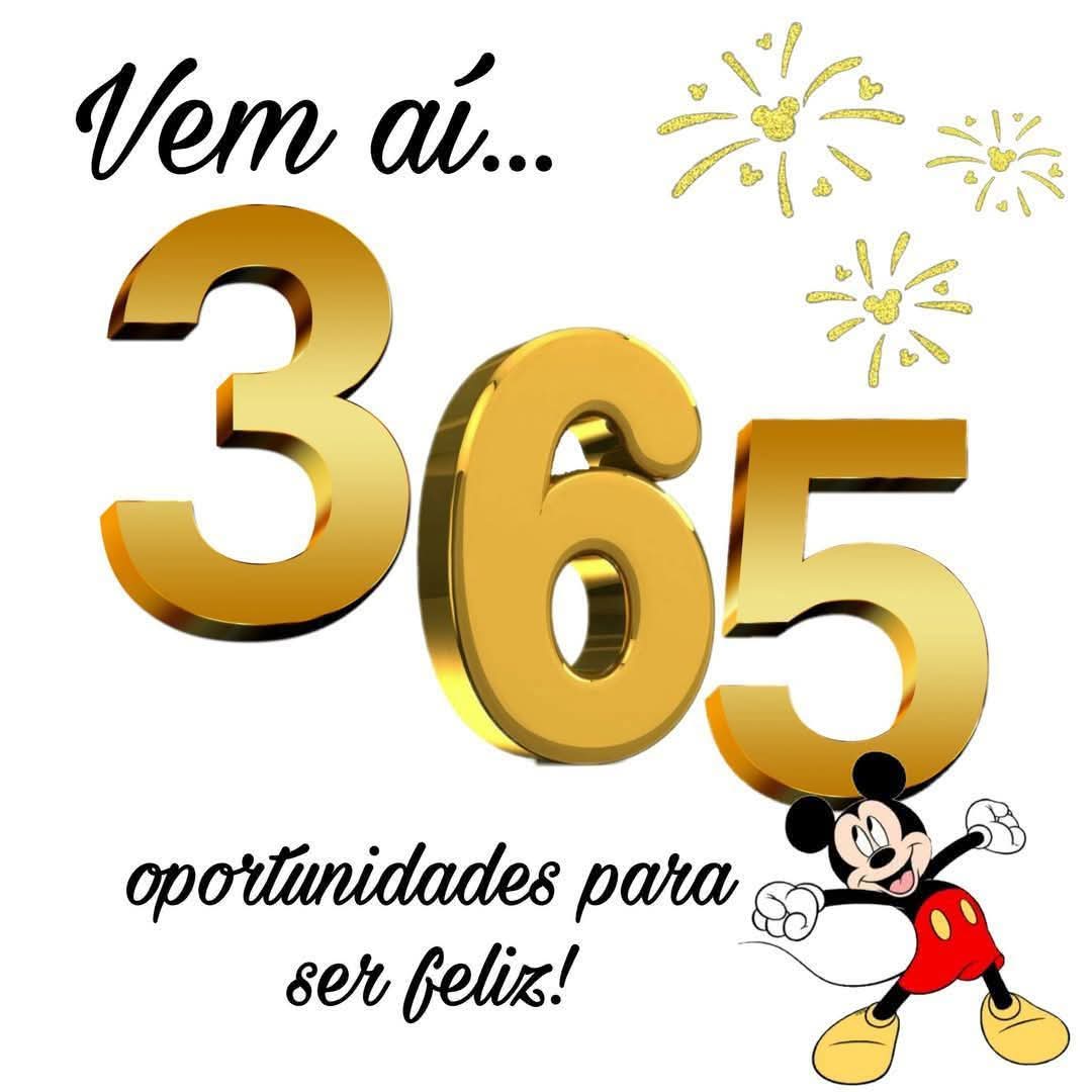 Gold 3D numbers 365 with Mickey Mouse and fireworks, Portuguese motivational text on white background