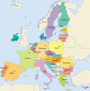 Colorful labeled political map of Europe showing country borders and names