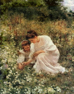 Mother and child sitting in a garden surrounded by white flowers and foliage in impressionist painting style