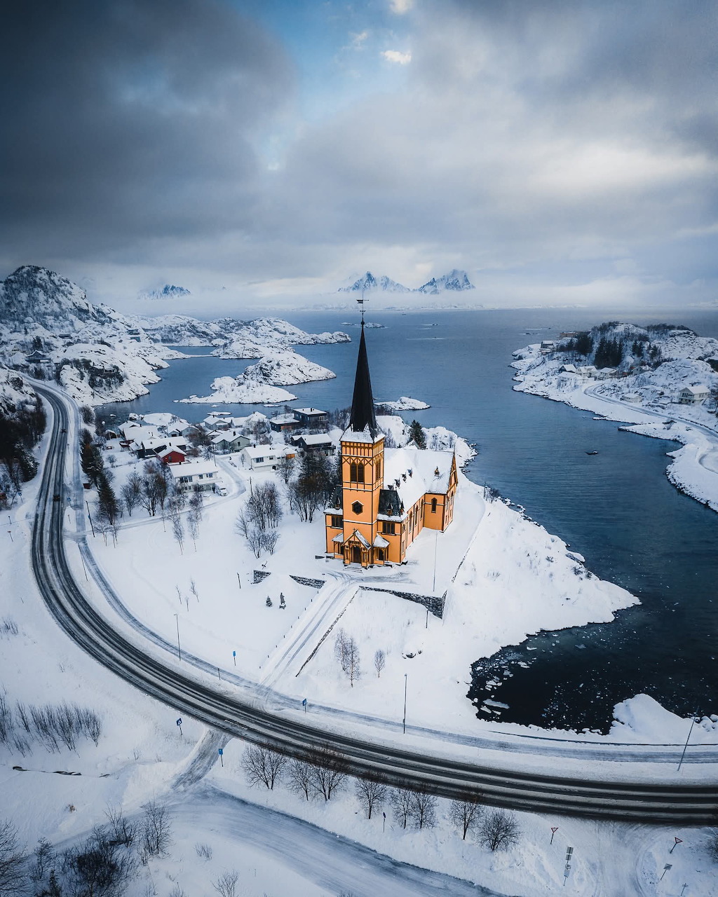 Snowy Church Aerial Norway