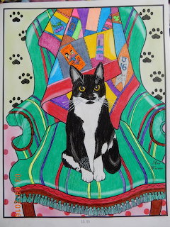 Black and white tuxedo cat on bright geometric patterned green armchair with paw print border
