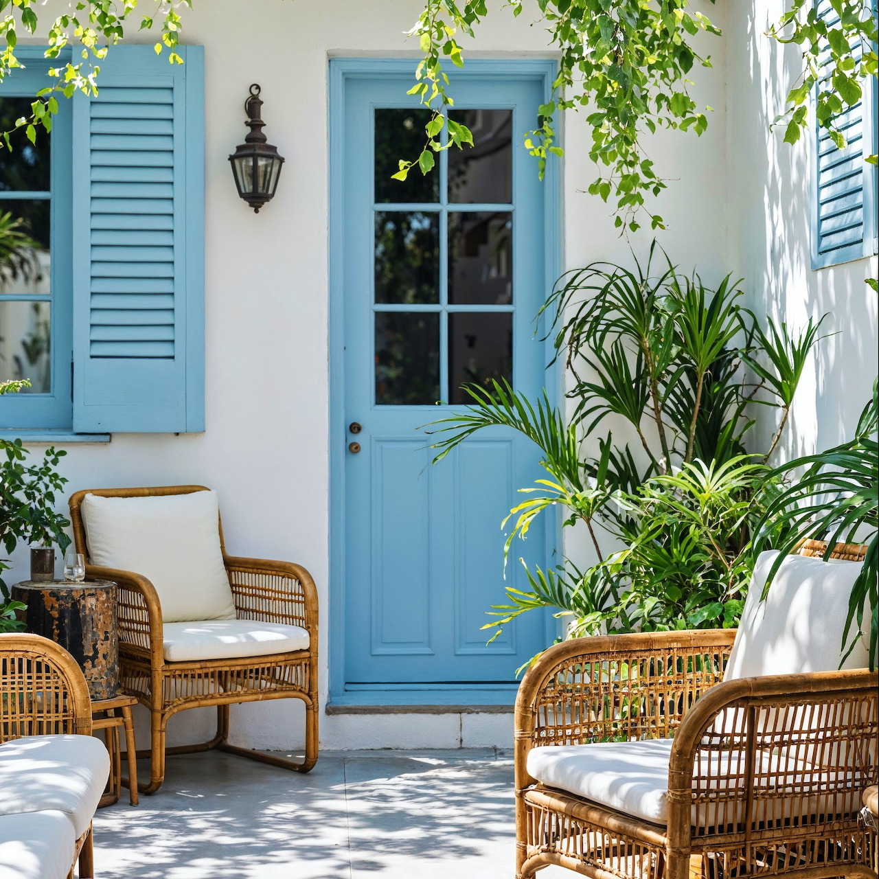 Porch with blue door, shutters, wicker chairs, white cushions, and hanging plants