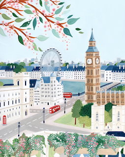 Illustrated London cityscape with Big Ben, London Eye, red buses, and cherry blossoms