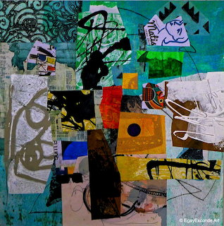 Abstract mixed-media collage with layered geometric shapes, scribbles, and textured color blocks